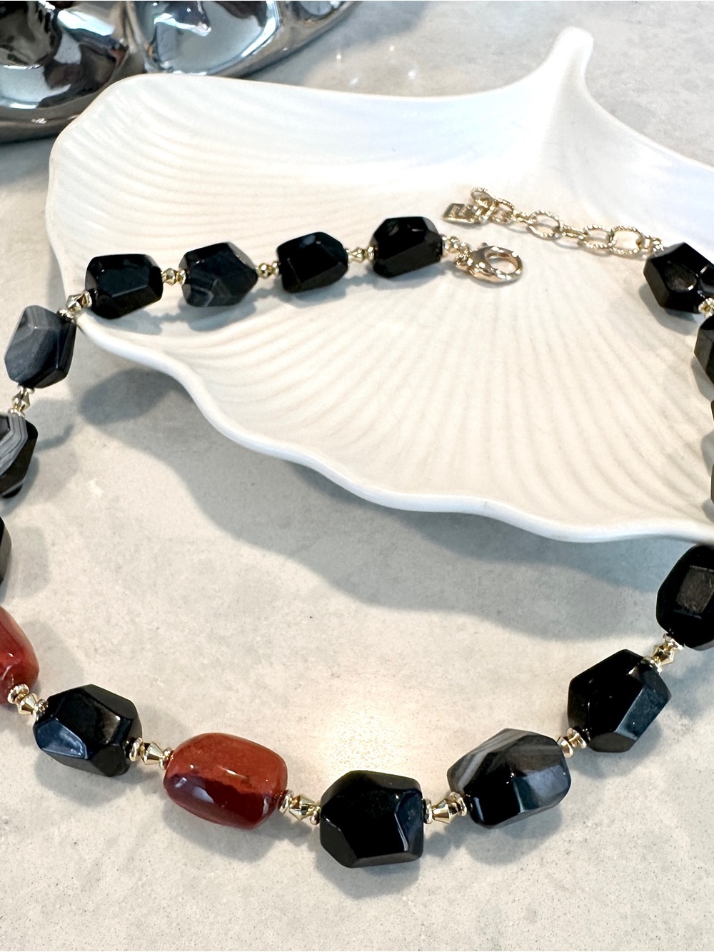 Natural Black Onyx Banded Agate Red Jasper Necklace Gold Tone Handmade